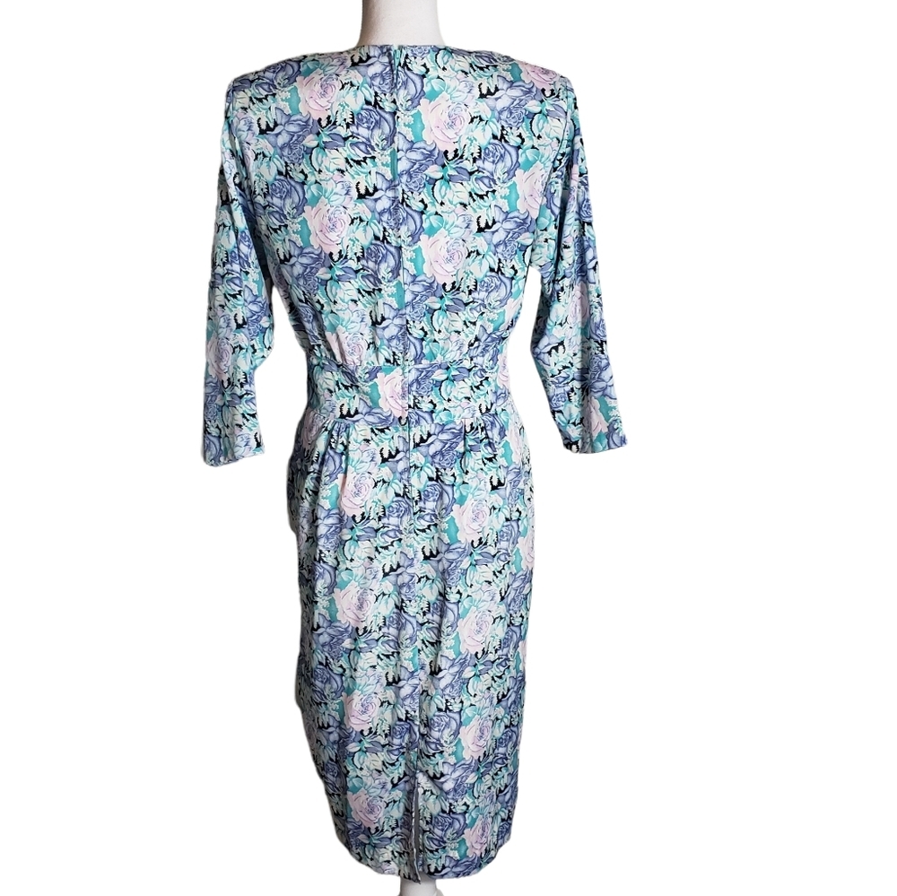 Vintage Alexis Petite Blue Floral Print Midi Dress Womens Size 11-12 Work Church - Picture 4 of 16